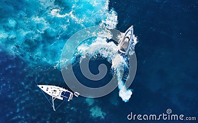 Croatia. Yachts at the sea surface. Aerial view of luxury floating boat on blue Adriatic sea at sunny day. Stock Photo