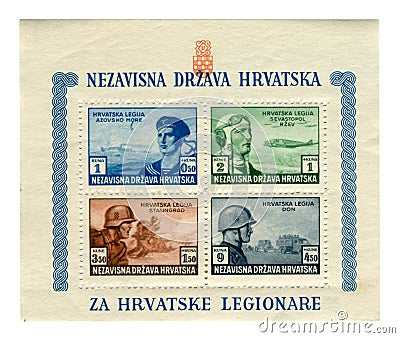 Croatian historical stamps: release in support of the Croatian legions 1943, Pro-German troops. Aviation, Navy, Infantry, SS divi Editorial Stock Photo