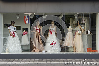 Croatian traditional white-and-red checked scarfs covering wedding dressess Editorial Stock Photo