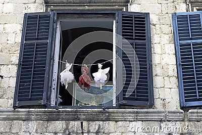 Croatian window with local art - Dubrovnik, Dalmatia, Croatia Editorial Stock Photo