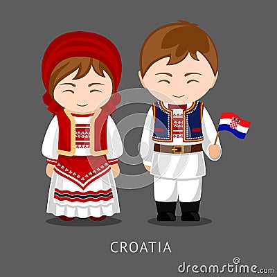 Croats in national dress with a flag. Vector Illustration