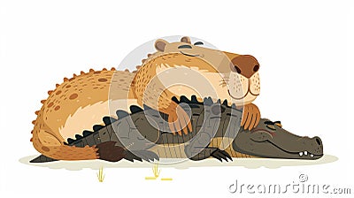 Croc and capybara, funny cute animal friends lying, embracing, hugging and relaxing together. Modern illustration with Cartoon Illustration
