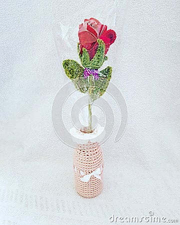 Crochet Acrylic Yarn Glass Vase Rose Stock Photo