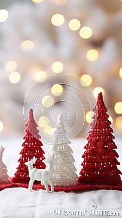 Crochet christmas trees with reindeer on a white background, AI Stock Photo
