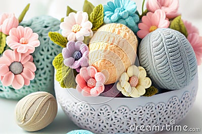 Crochet Easter eggs. Amigurumi colorful spring flowers and Easter eggs. Knitting concept. International Crochet Day Stock Photo