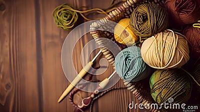Crochet and knitting hobby. Colorful balls of yarn, knitting needles on table, with copy space, flat lay, and wood background Stock Photo