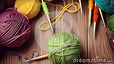 Crochet and knitting hobby. Colorful balls of yarn, knitting needles on table, with copy space, flat lay, and wood background Stock Photo