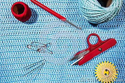 Crochet and knitting, utensils for handiwork workshop Stock Photo