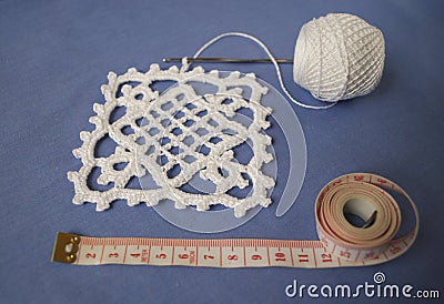Crochet sample for tablecloth or napkin with meter. Stock Photo