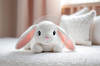 Crochet white bunny on child bed. Cute handmade toy. Japanese amigurumi Stock Photo