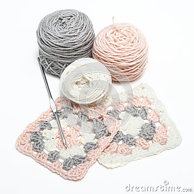 Crochet work and balls of yarn Stock Photo