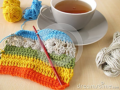 Crochet work and a cup of tea Stock Photo