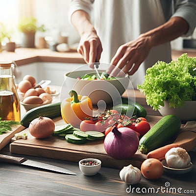 Cooking - chef's hands preparing vegetable vegetarian stew (thick soup). Kitchen scenery - pot with recipe Stock Photo