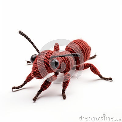 Red Crocheted Ants On White Background: Zbrush Style With Naturecore And Primitivist Realism Stock Photo