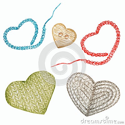 Crocheted gray blue red hearts, knitted green heart, wooden button, hand made concept. Watercolor Hand drawn hobby Stock Photo