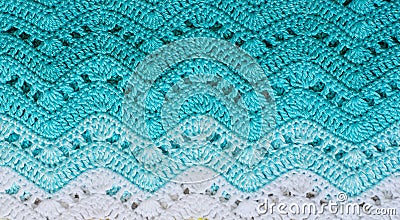 Crocheted multicolored cotton fabric In Turquoise colors. Stripe Stock Photo