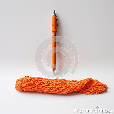 Bright Orange Knitted Pen In Empty White Space Stock Photo