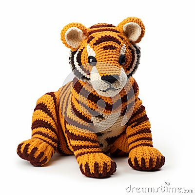 Crocheted Tiger: Detailed Wildlife In Dark Yellow And Dark Orange Stock Photo
