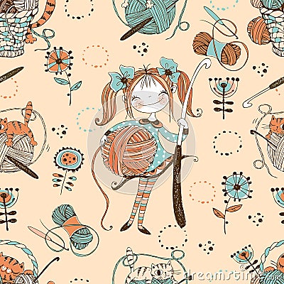 Crocheting. Seamless pattern. Cute needlewoman with a crochet hook. Vector Vector Illustration
