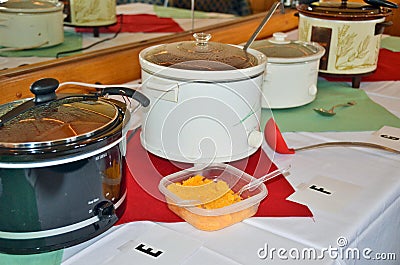 Crock pots for chili cook-off Stock Photo