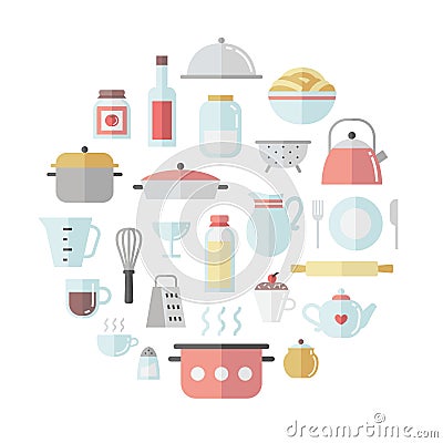 Crockery and cooking flat circle vector illustration. Vector Illustration