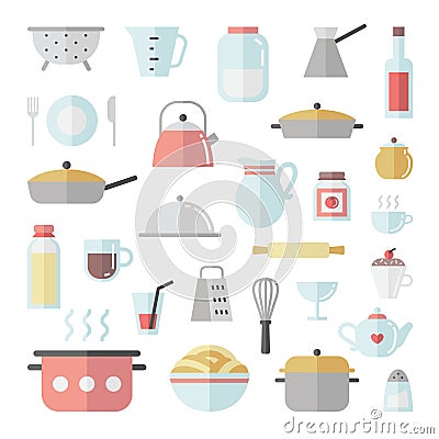 Crockery and cooking flat icon square vector set. Vector Illustration