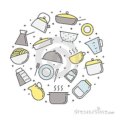 Crockery and cooking multicolored circle illustration. Clean and simple outline design. Vector Illustration