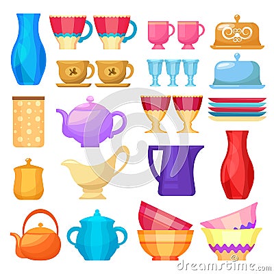 Crockery, kitchen dishware and porcelain icons set Vector Illustration