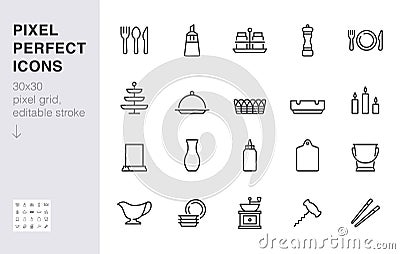 Crockery line icon set. Table setting - sugar bowl, salt shaker, fork, spoon, food sticks, ashtray minimal vector Vector Illustration