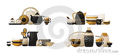 Crockery stack. Ceramic tableware and pottery. Kitchen dishes. Cookware with spoons and cups, decorative plates or bowls Vector Illustration