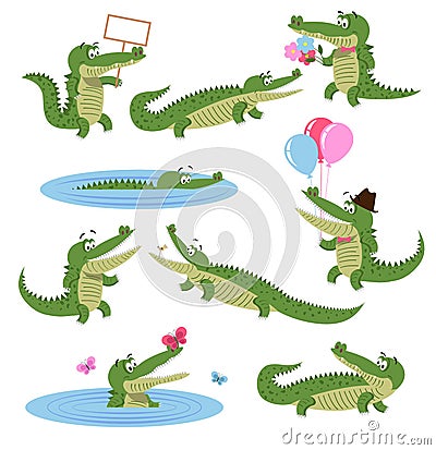 Crocodile Daily Activities Set. Cartoon Predator Vector Illustration