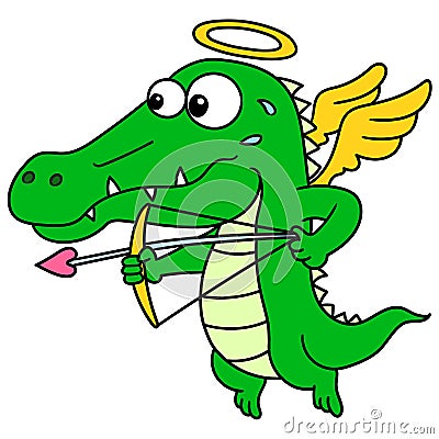 The crocodile angel with the arrow of amorous love, doodle kawaii. doodle icon image Vector Illustration