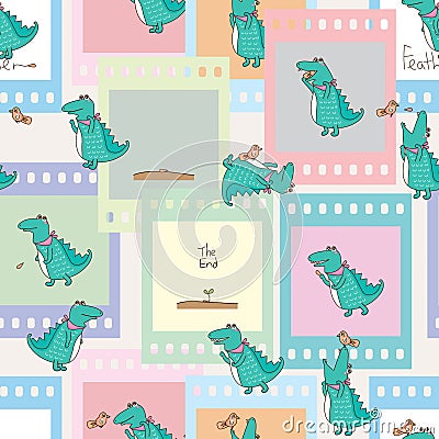 Crocodile bird feather story film seamless Vector Illustration