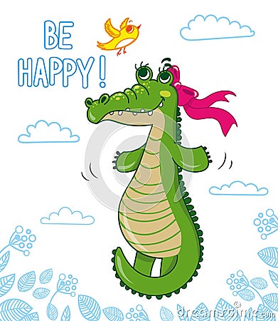 Crocodile with bird Vector Illustration