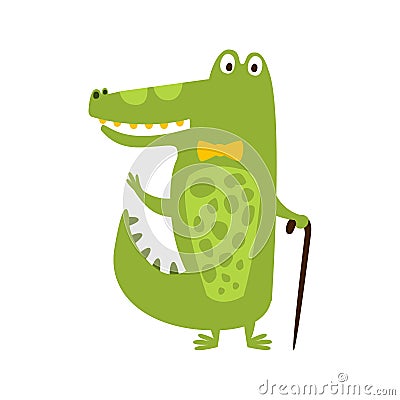 Crocodile With Bow Tie And Cane Flat Cartoon Green Friendly Reptile Animal Character Drawing Vector Illustration