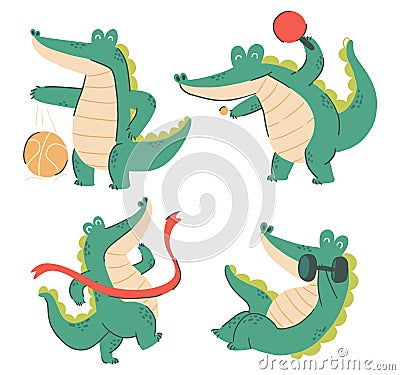 Crocodile cartoon characters . Sport concept . Hand drawn style . White isolate background . Vector Vector Illustration