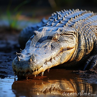 Crocodile, Crocodylus niloticus, sunbathing on the tranquil riverbank landscape Stock Photo