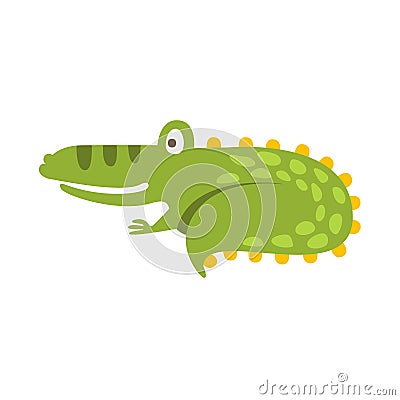 Crocodile Curling Up Like Cat Flat Cartoon Green Friendly Reptile Animal Character Drawing Vector Illustration