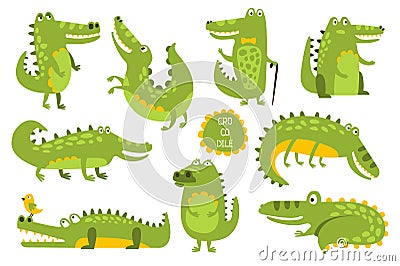 Crocodile Cute Character In Different Poses Childish Stickers Vector Illustration
