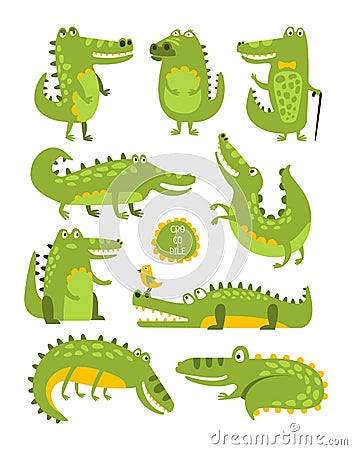 Crocodile Cute Character In Different Poses Childish Stickers Vector Illustration