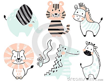 Crocodile, elephant, tiger, zebra, lion, giraffe, snake baby cute print set. Vector Illustration