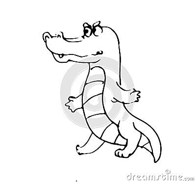 Crocodile funny. Cheerful wild animal. A comical character. Outline sketch. Hand drawing is isolated on a white Vector Illustration