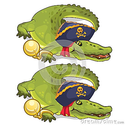 Crocodile in gold chains and in pirate hat. Vector Vector Illustration