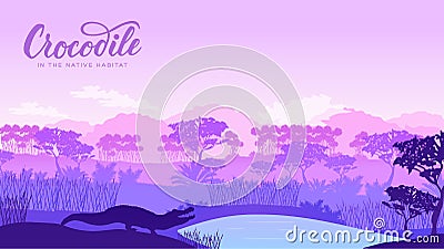 crocodile hunt for prey in the desert illustration. Silhouette of a wild animal in Australia background. Landscape of mountains in Cartoon Illustration