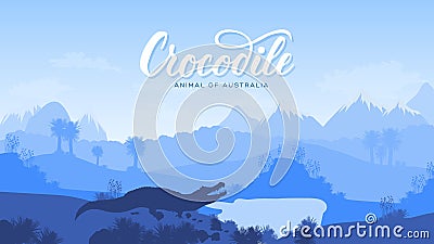 crocodile hunt for prey in the desert illustration. Silhouette of a wild animal in Australia background. Landscape of mountains in Cartoon Illustration