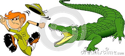 Crocodile and hunter Stock Photo