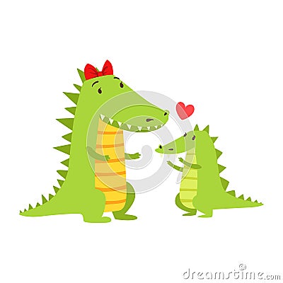 Crocodile Mom With Red Bow Animal Parent And Its Baby Calf Parenthood Themed Colorful Illustration With Cartoon Fauna Vector Illustration