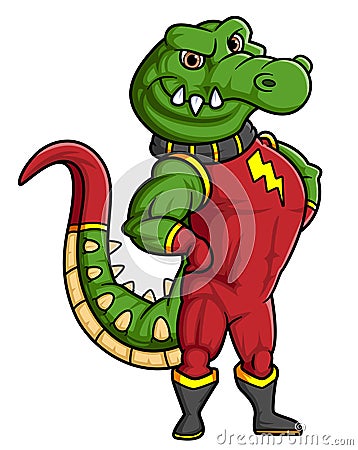 the crocodile with muscular body wearing red super heroes costume Vector Illustration