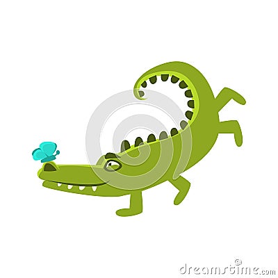 Crocodile Playing With Butterfly Sitting On Hos Nose, Cartoon Character And His Everyday Wild Animal Activity Vector Illustration