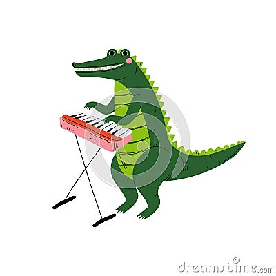 Crocodile Playing Piano, Cute Cartoon Animal Musician Character Playing Musical Instrument Vector Illustration Vector Illustration